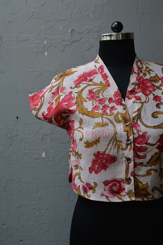 Printed Saree Blouse with Extended Cap Sleeves - metaphorracha