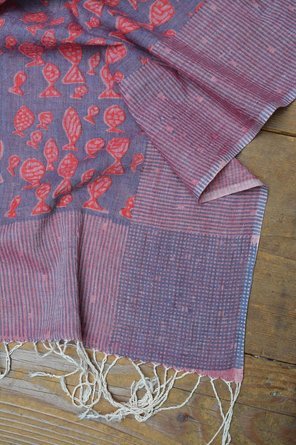 Block Printed Khadi Dupatta - Pesce - metaphorracha