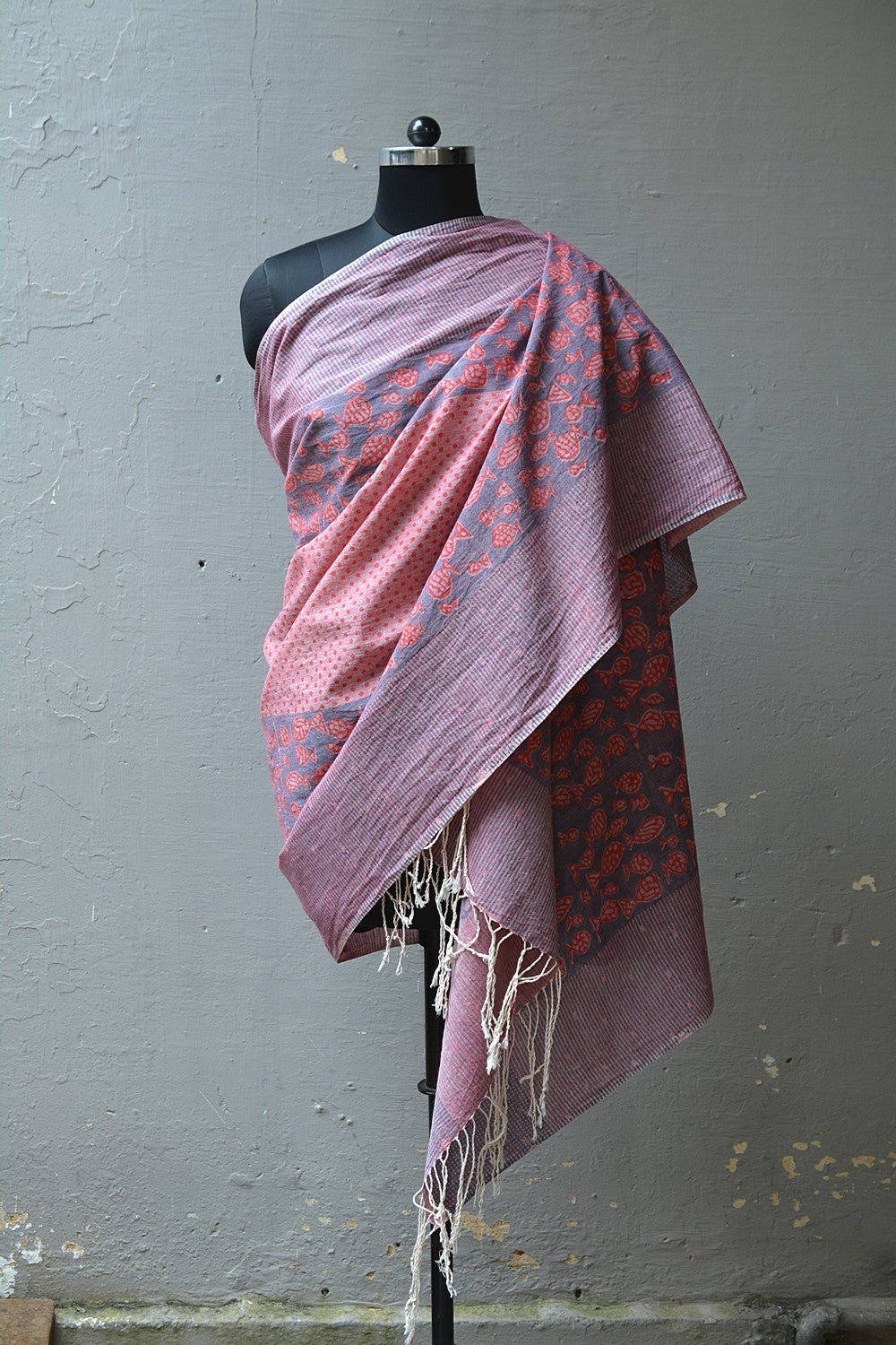 Block Printed Khadi Dupatta - Pesce - metaphorracha