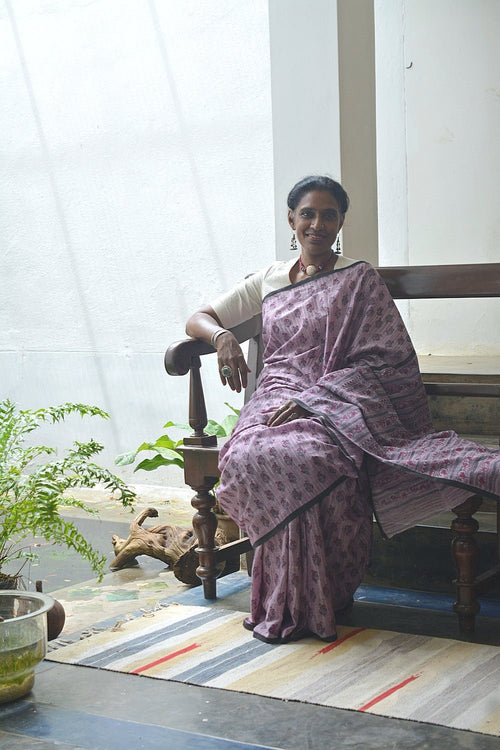 Block Printed Khadi Saree - Amethyst Sky - metaphorracha