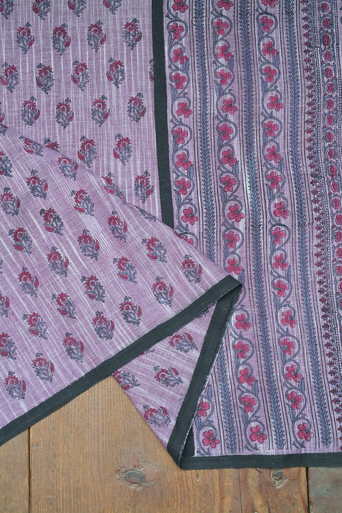 Block Printed Khadi Saree - Amethyst Sky - metaphorracha