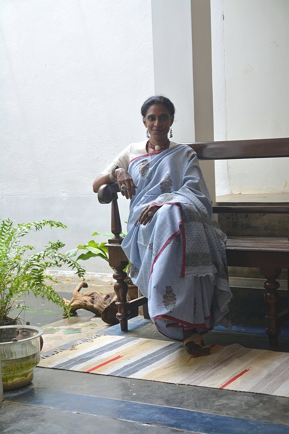 Block Printed Khadi Saree - Blue Stream - metaphorracha