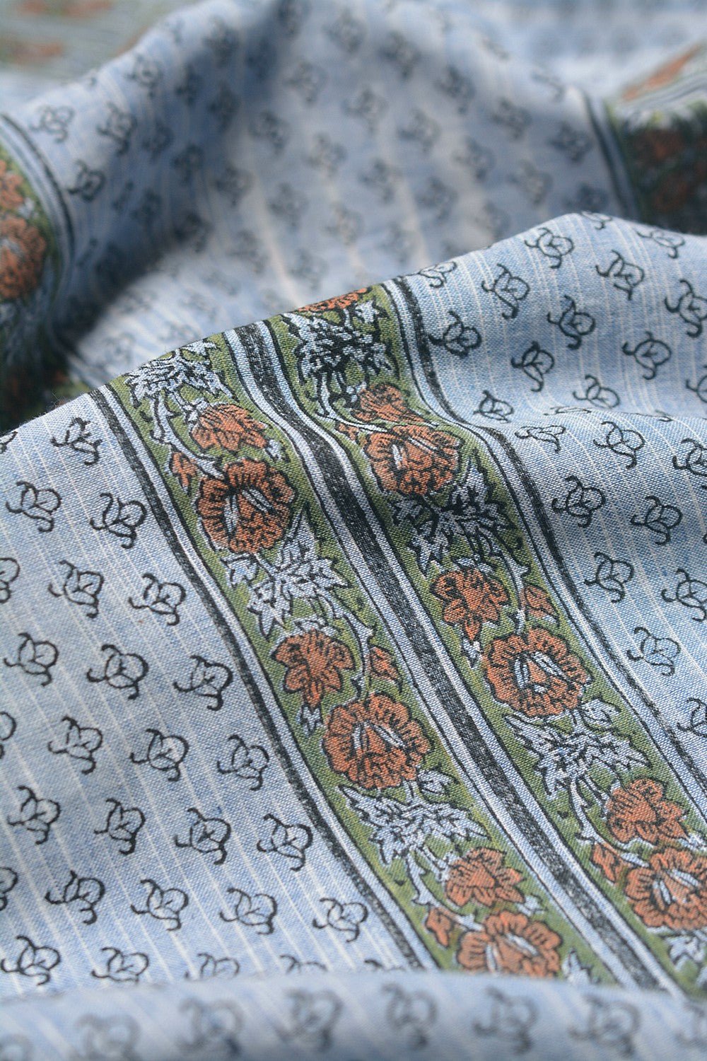 Block Printed Khadi Saree - Blue Stream - metaphorracha