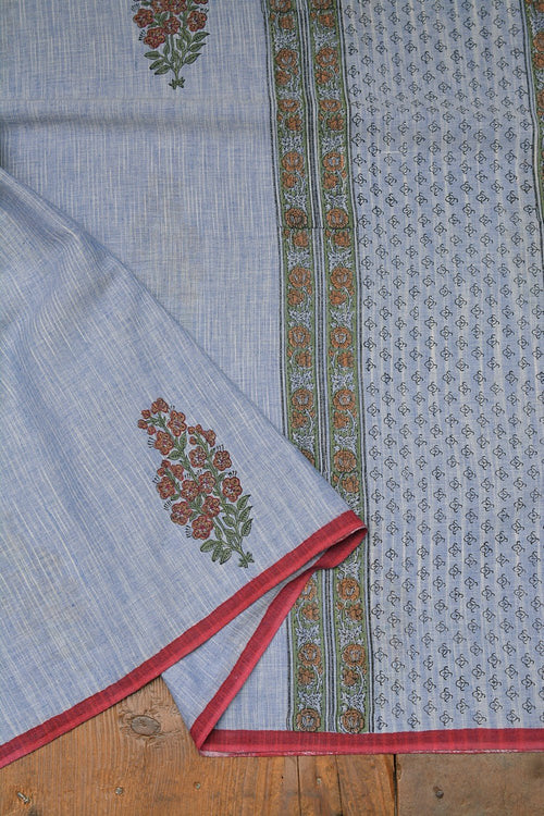 Block Printed Khadi Saree - Blue Stream - metaphorracha
