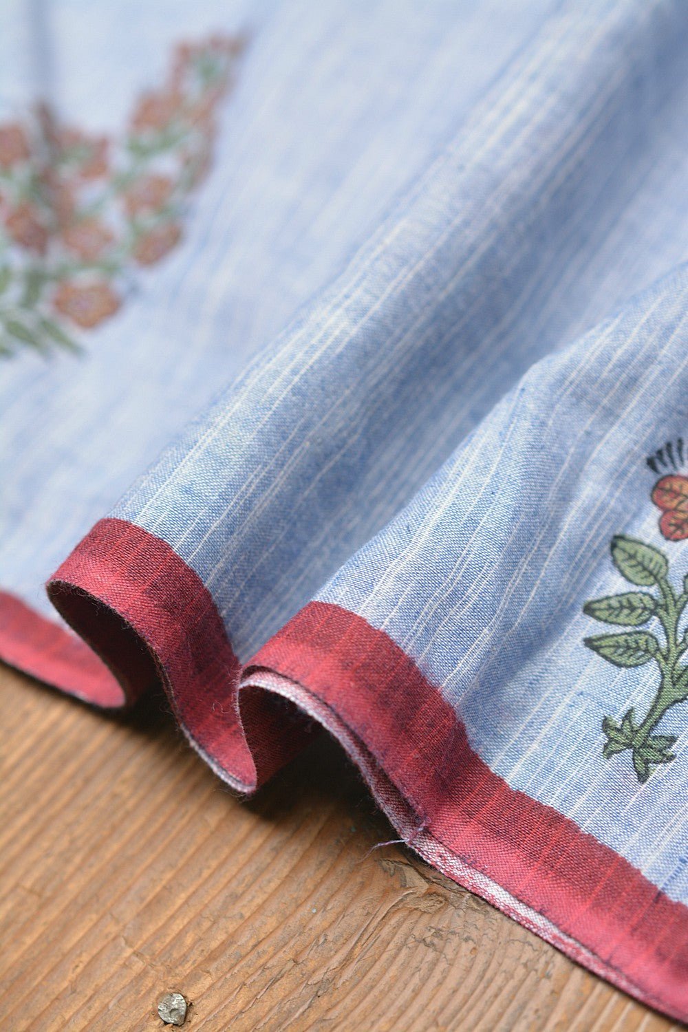 Block Printed Khadi Saree - Blue Stream - metaphorracha