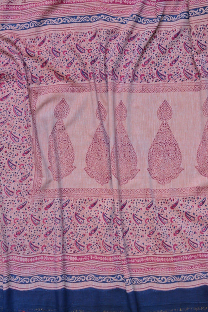 Block Printed Khadi Saree - Coral Buff - metaphorracha