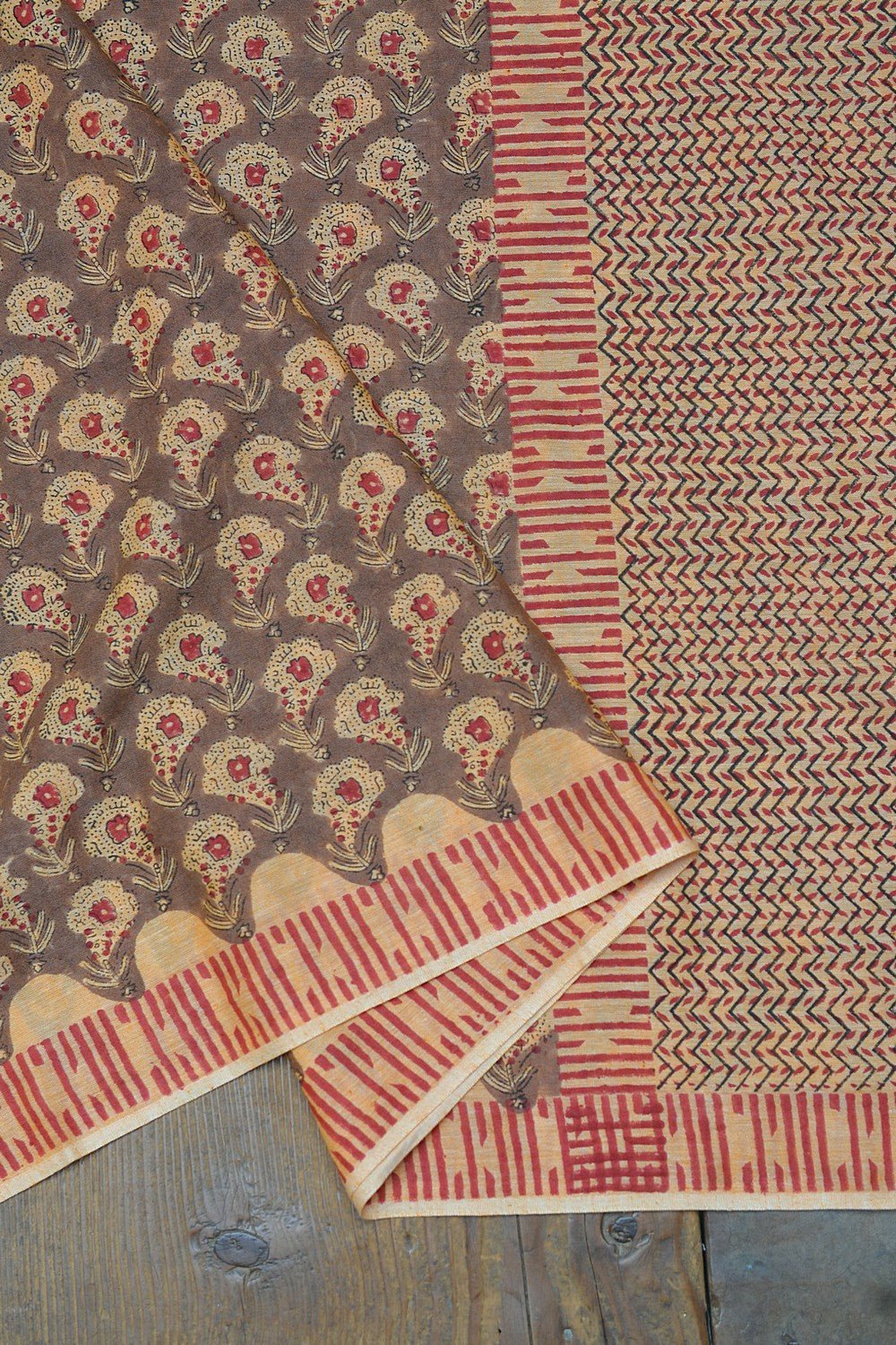 Block Printed Khadi Saree - Deer Trail - metaphorracha