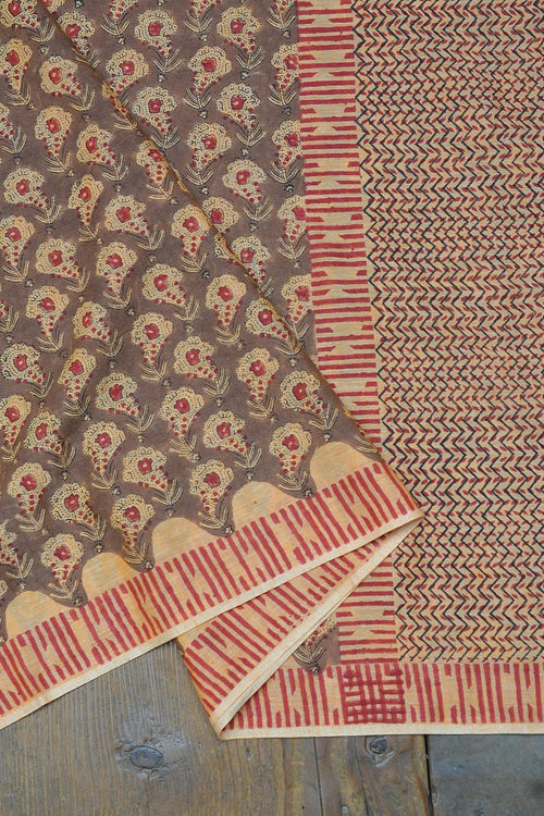 Block Printed Khadi Saree - Deer Trail - metaphorracha