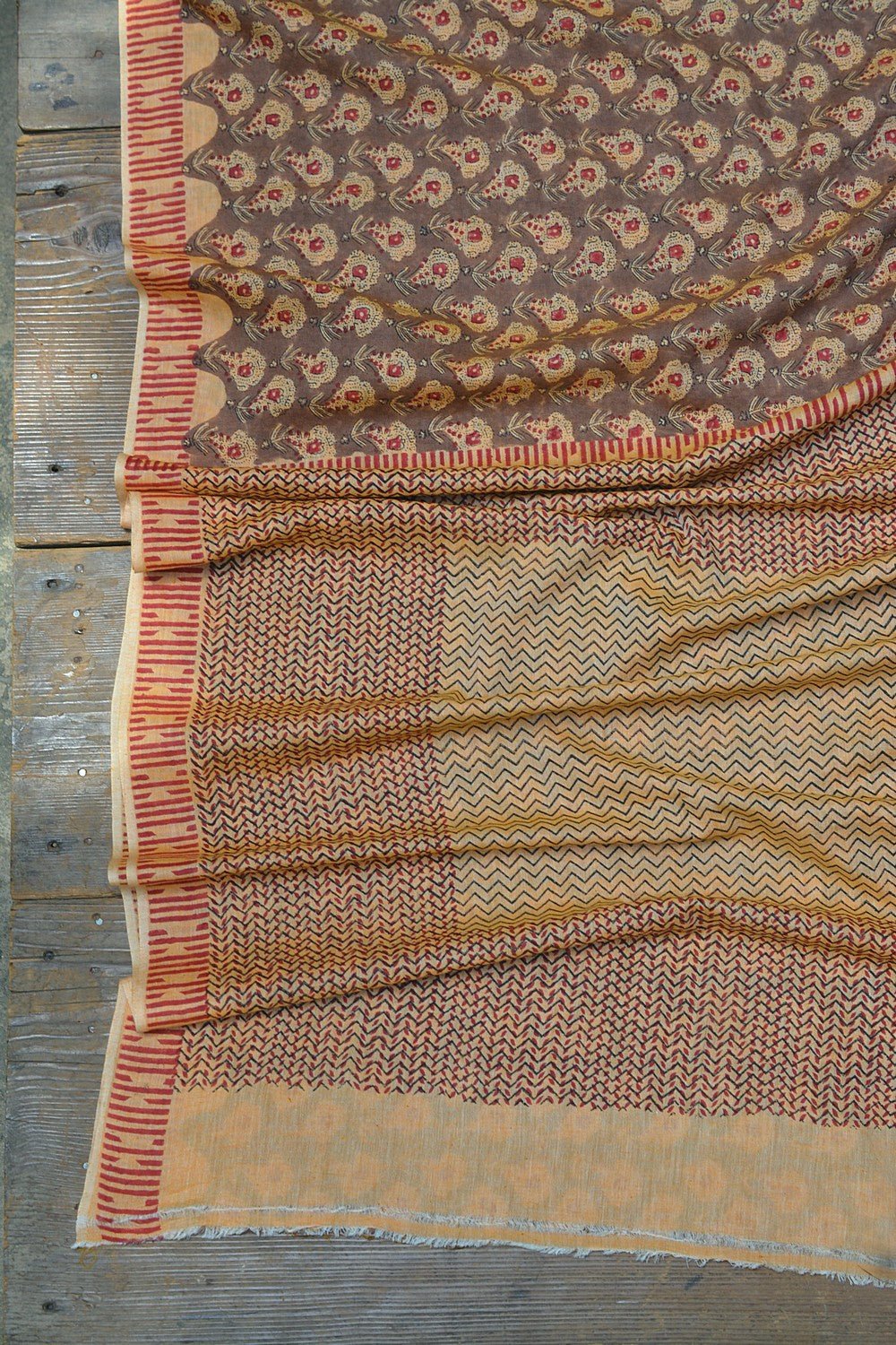 Block Printed Khadi Saree - Deer Trail - metaphorracha