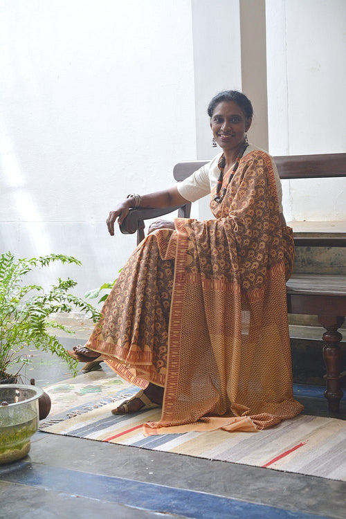 Block Printed Khadi Saree - Deer Trail - metaphorracha