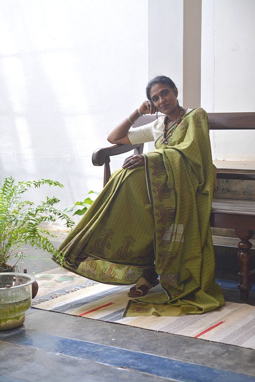 Block Printed Khadi Saree - Forest Moss - metaphorracha
