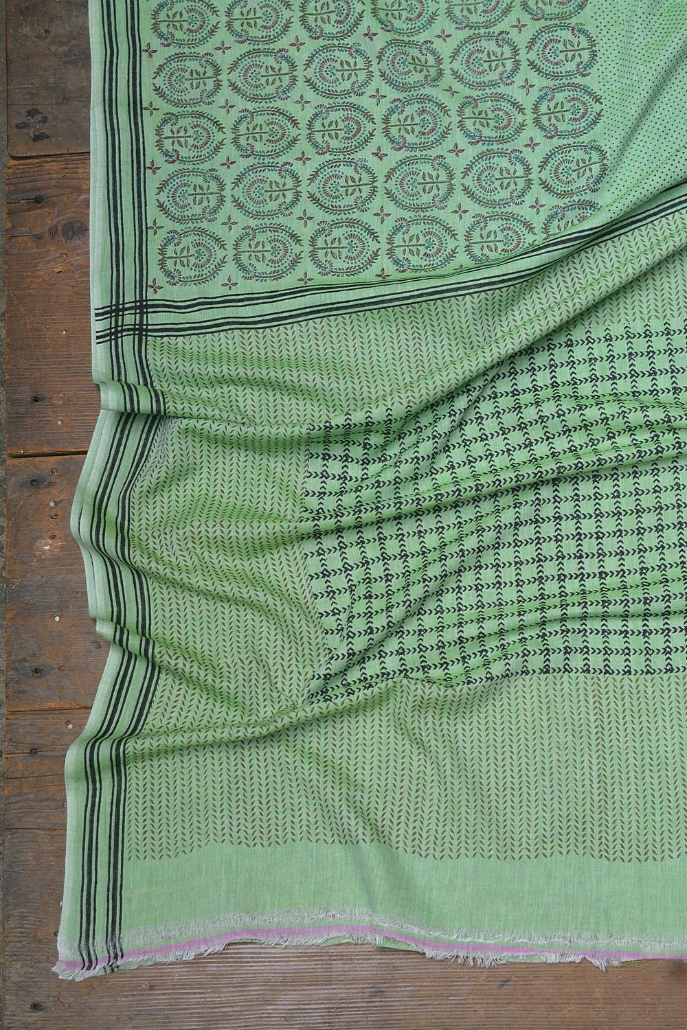Block Printed Khadi Saree - Lime Twist - metaphorracha