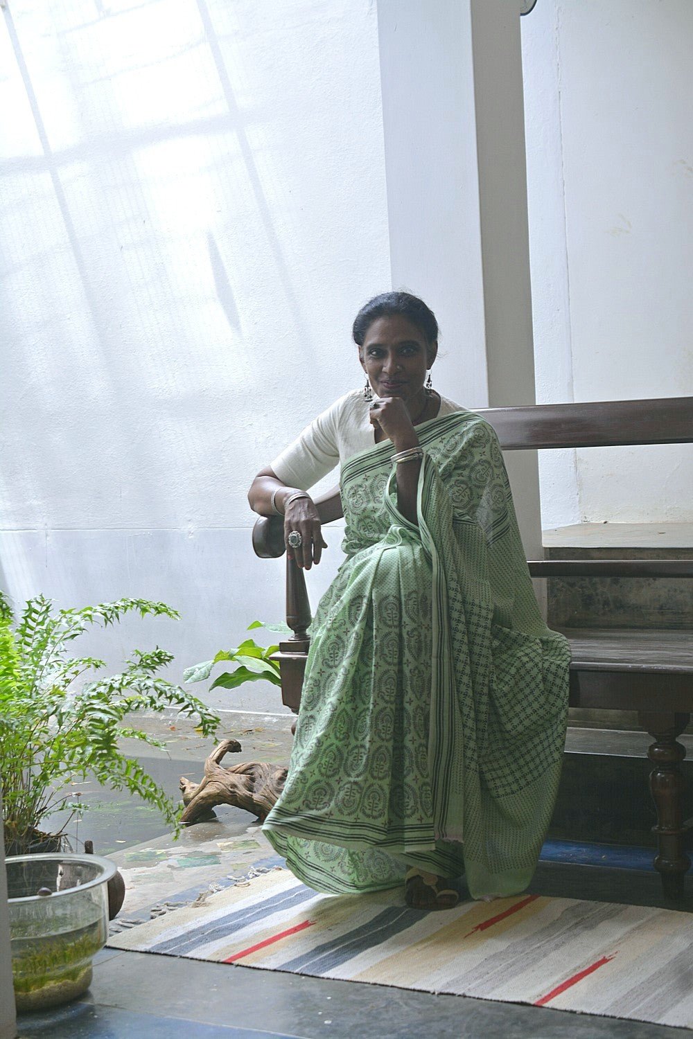 Block Printed Khadi Saree - Lime Twist - metaphorracha