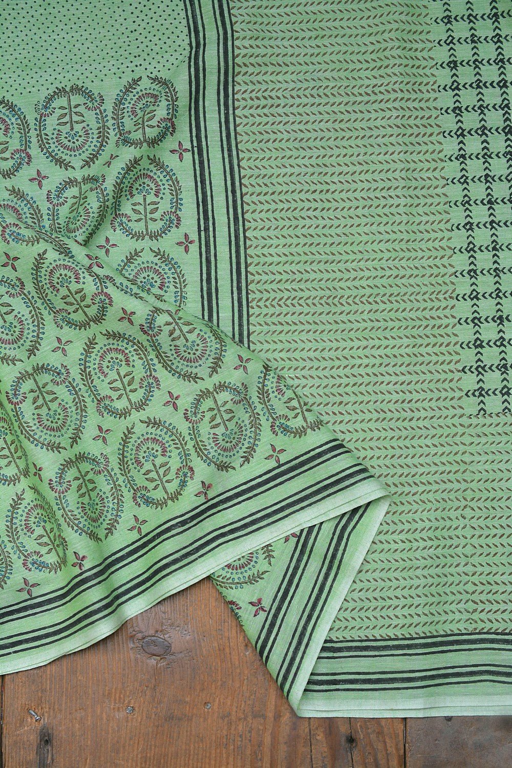 Block Printed Khadi Saree - Lime Twist - metaphorracha