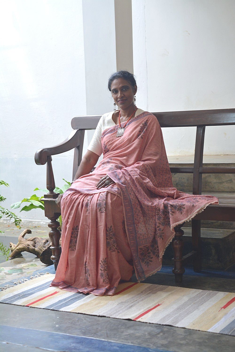 Block Printed Khadi Saree - Oriental Pink - metaphorracha