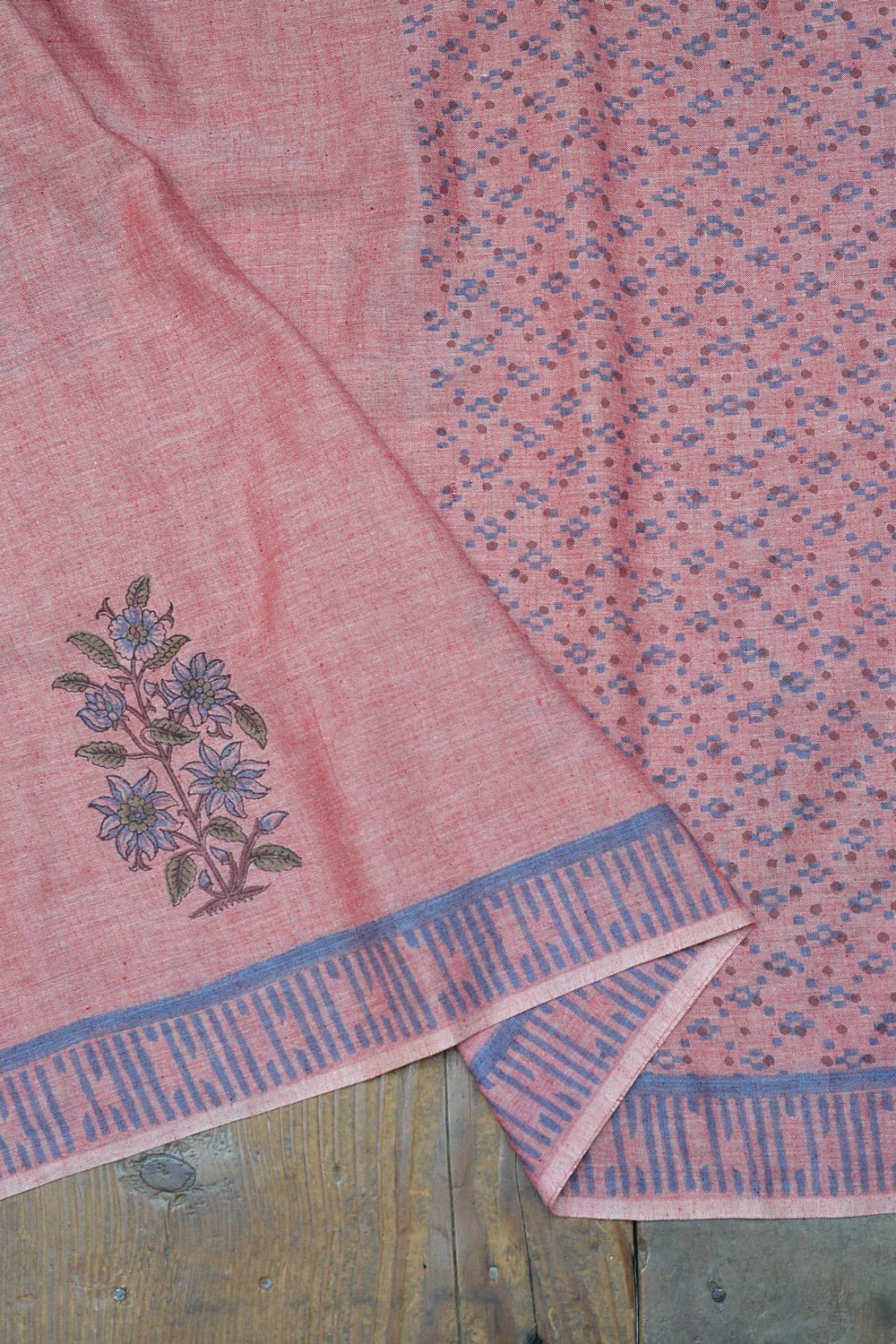 Block Printed Khadi Saree - Oriental Pink - metaphorracha