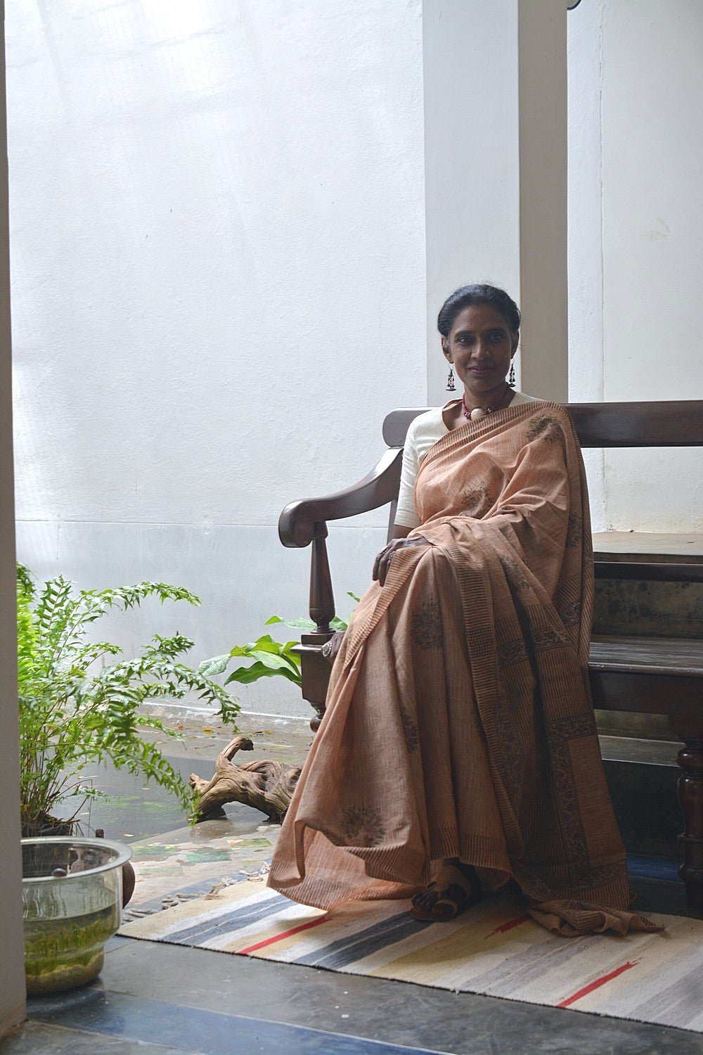 Block Printed Khadi Saree - Palm Desert Tan - metaphorracha