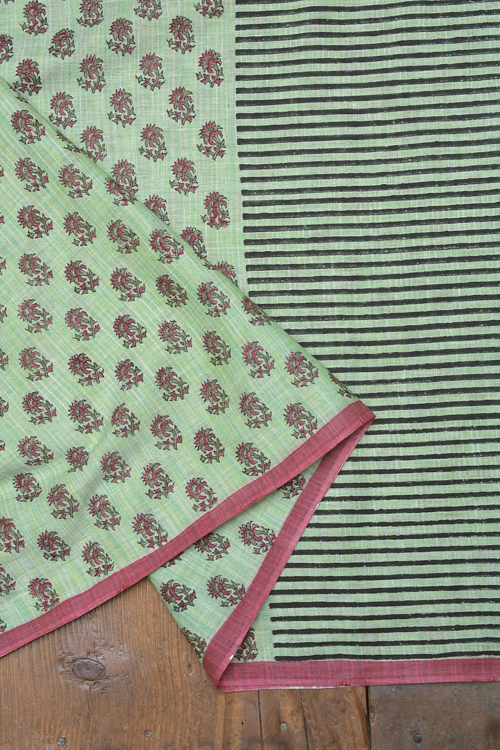 Block Printed Khadi Saree - Pine Sprigs - metaphorracha