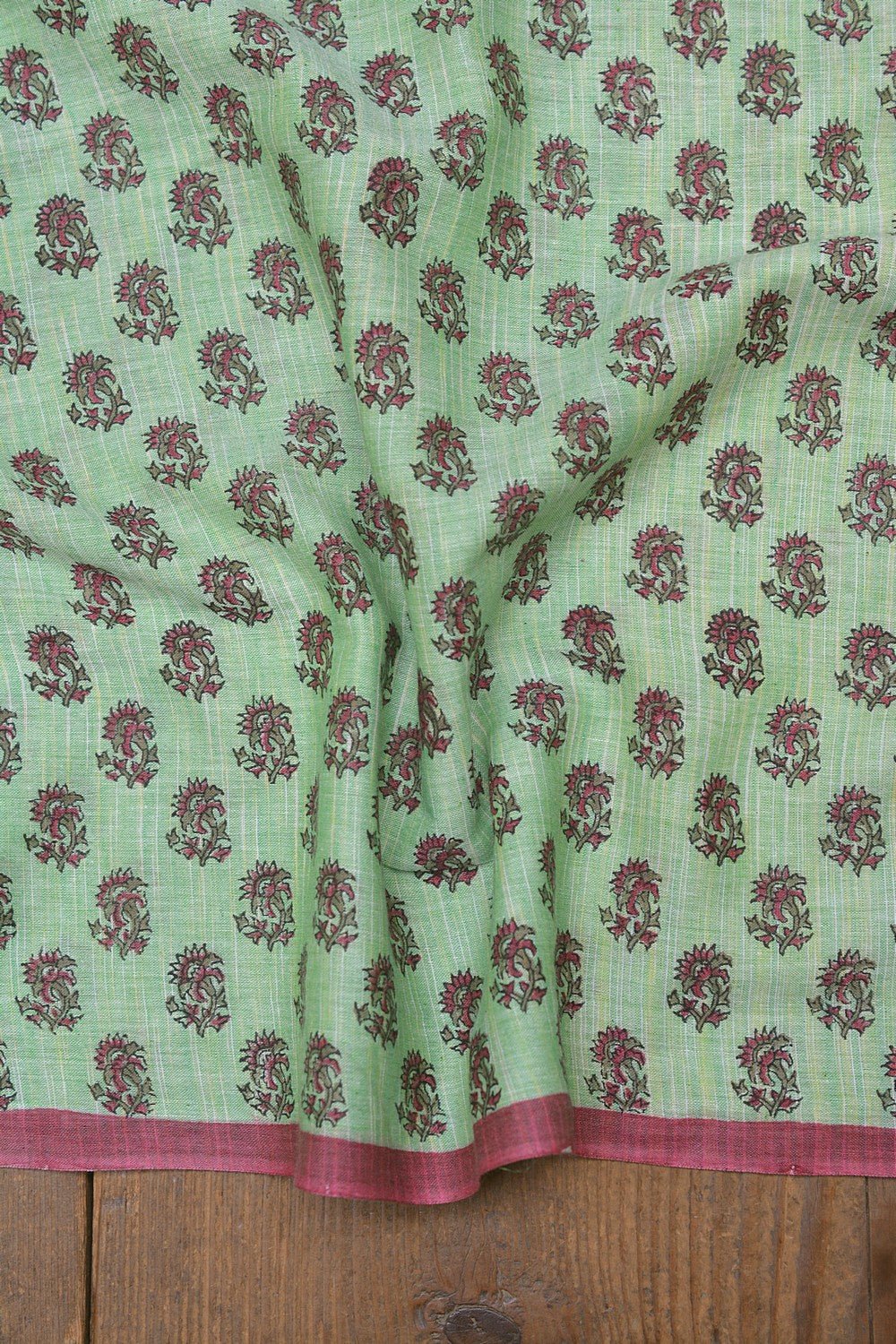 Block Printed Khadi Saree - Pine Sprigs - metaphorracha
