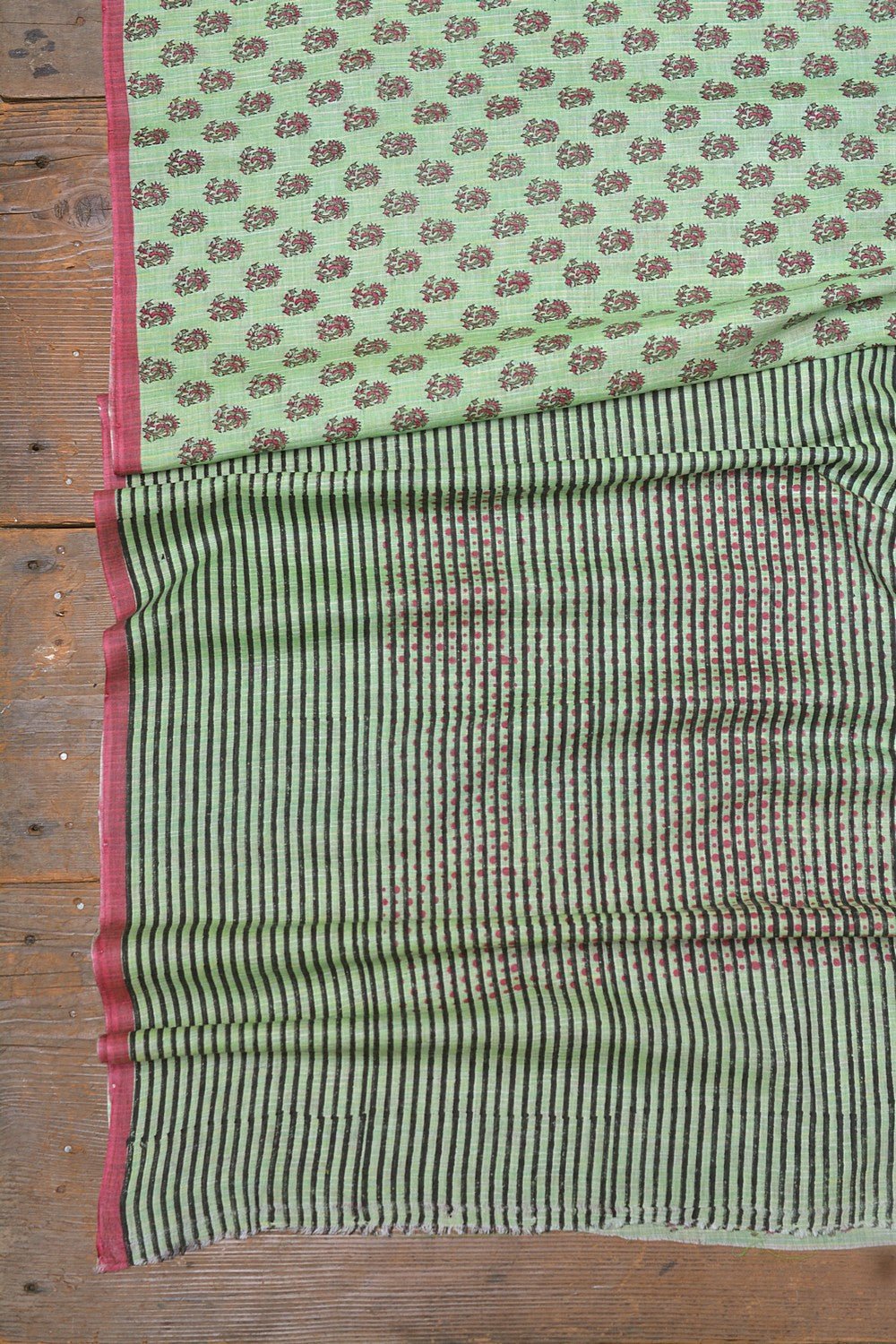Block Printed Khadi Saree - Pine Sprigs - metaphorracha