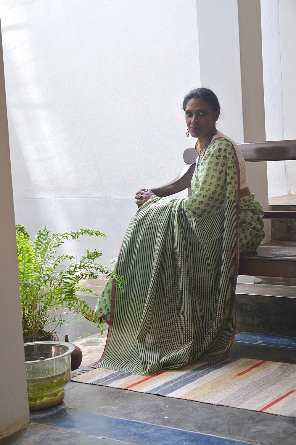 Block Printed Khadi Saree - Pine Sprigs - metaphorracha