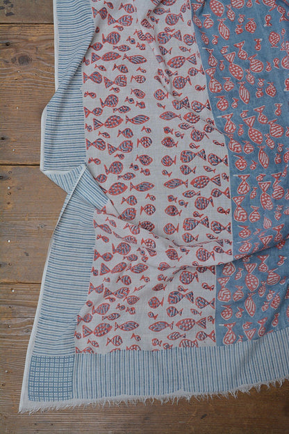 Block Printed Khadi Stole - Fisch - metaphorracha