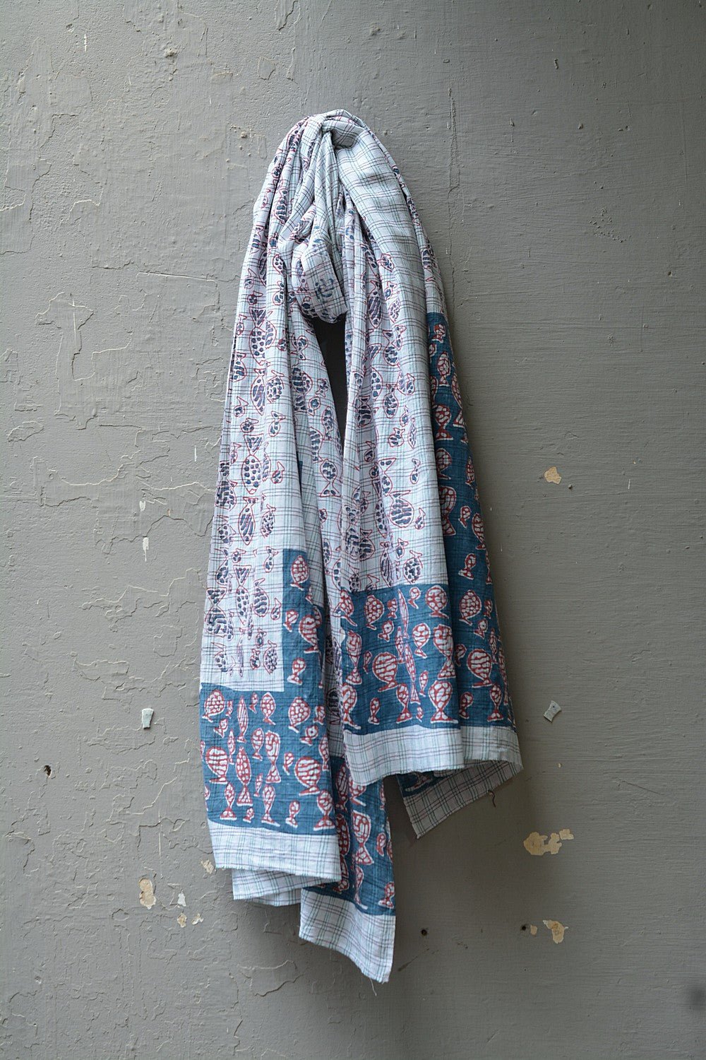 Block Printed Khadi Stole - Matsya - metaphorracha