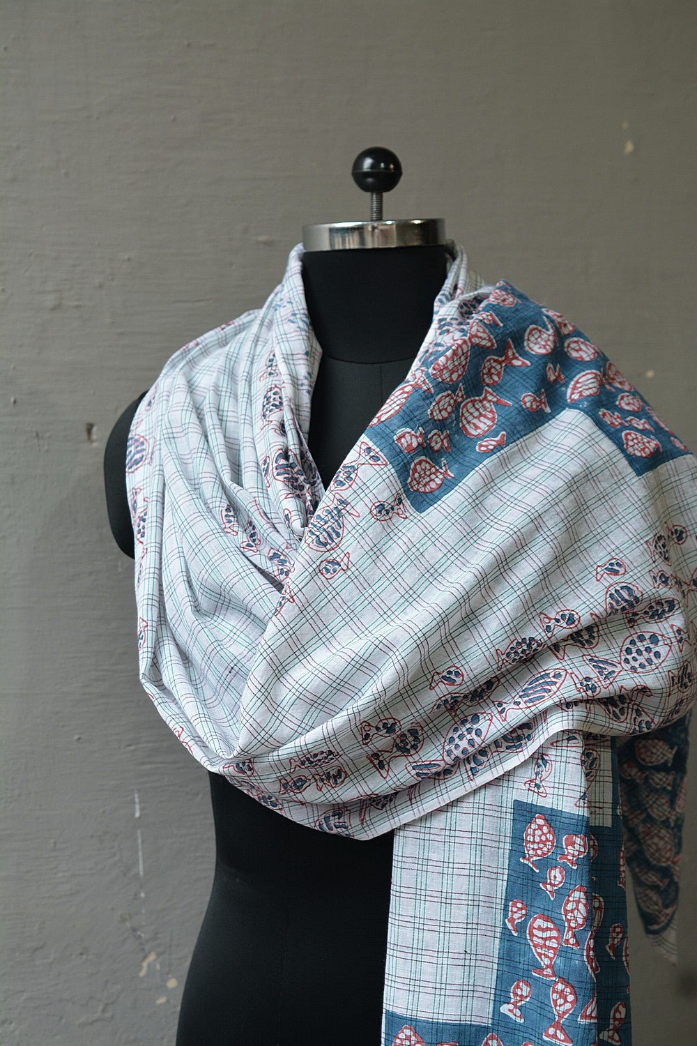 Block Printed Khadi Stole - Matsya - metaphorracha