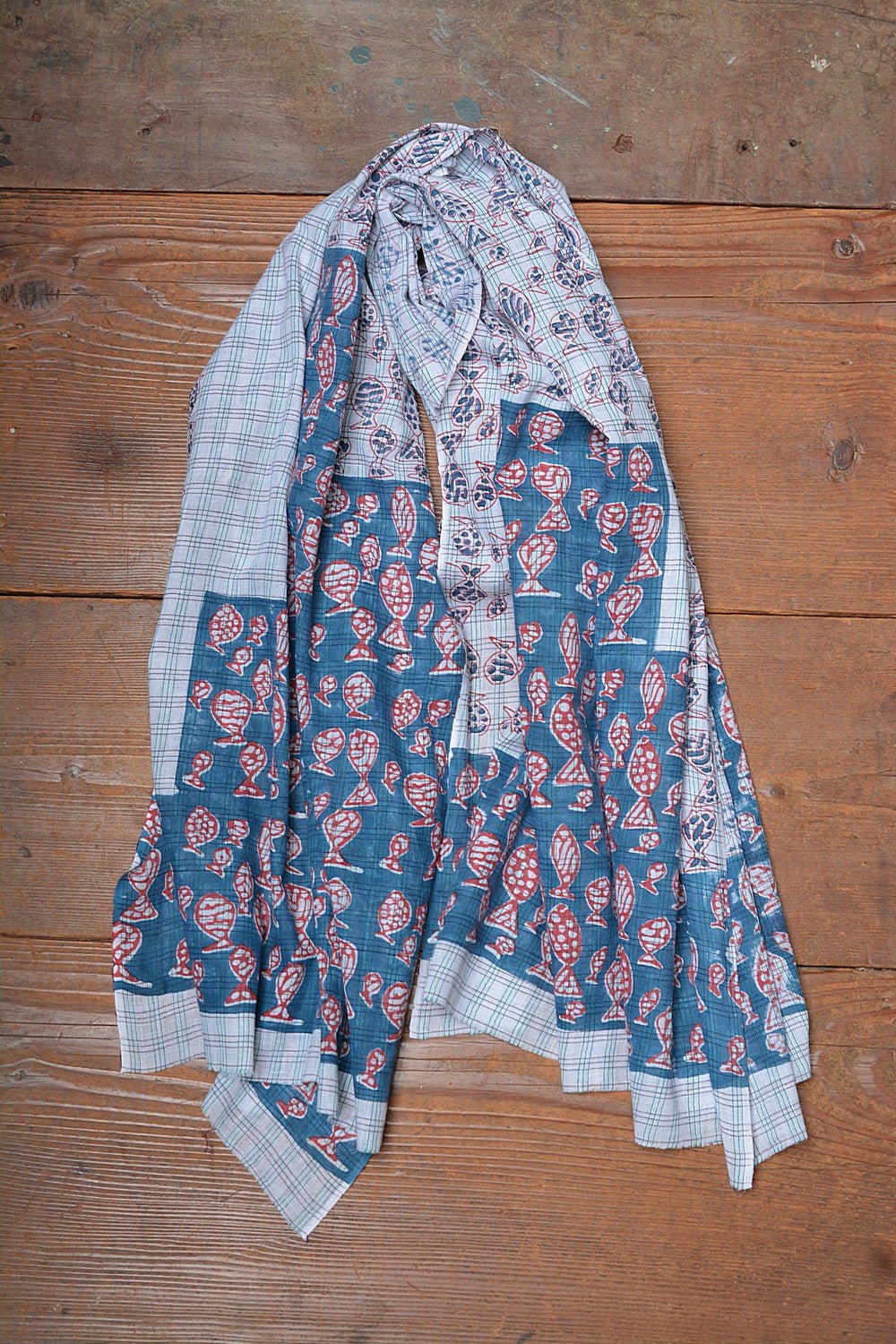 Block Printed Khadi Stole - Matsya - metaphorracha