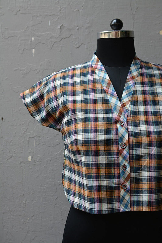 Extended Cap Sleeves Khadi Blouse - Checks - metaphorracha