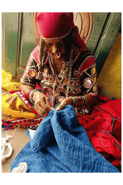 Handcrafted Indigo Quilt with Lambani Embroidery - 61"x 89" - metaphorracha