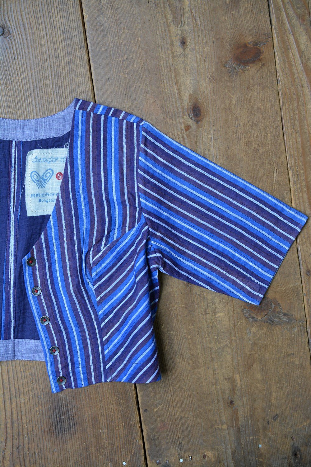 Size S | Blue stripes saree blouse | Fabric of freedom - metaphorracha